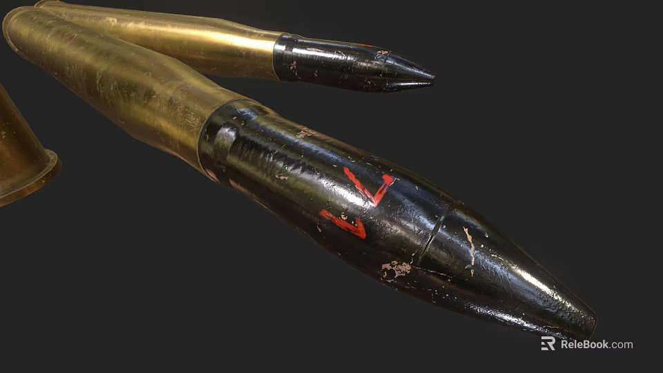 Brass Artillery Shells With Black Warheads And Red Markings On Dark Background 3d model 
