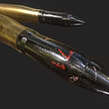 Brass Artillery Shells With Black Warheads And Red Markings On Dark Background