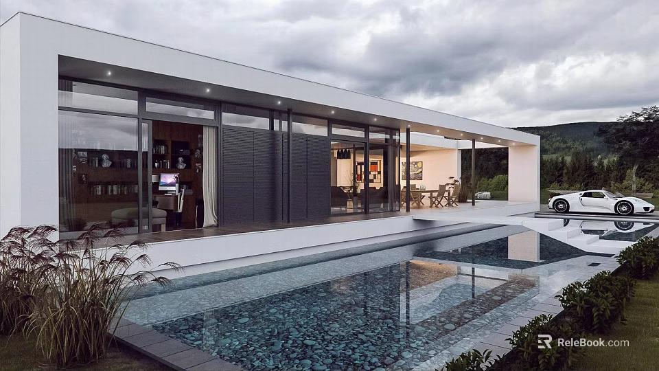 Modern Detached House Featuring Swimming Pool Glass Windows Outdoor Terrace and Scenic View 3d model 