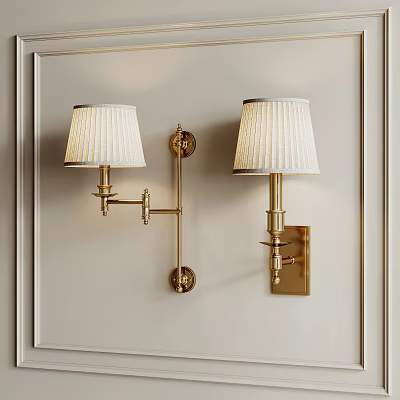 Elegant Brass Wall Lamps With Pleated White Fabric Shades Mounted On Beige Wall 3d model