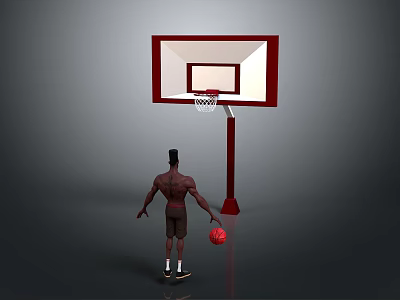 Basketball Court With Player Standing By Hoop Holding Red Ball 3d model