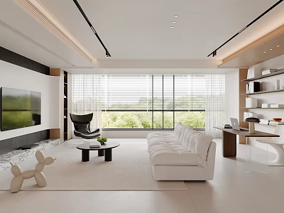 Modern Living Room Interior With White Sofa Black Accent Chair Large Windows Coffee Table Shelves 3d model
