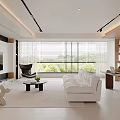 Modern Living Room Interior With White Sofa Black Accent Chair Large Windows Coffee Table Shelves