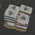 White Household Product Bags Stacked on Wooden Pallet With Labels and Patterns