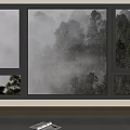 Large Window Showing Misty Forest View With Open Book On Windowsill 3d model