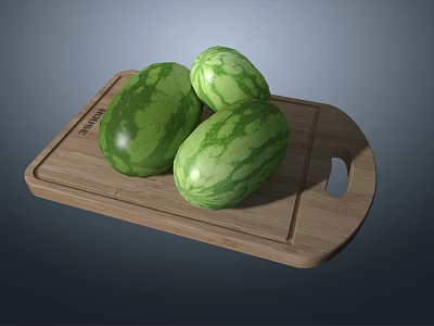 Three Green Watermelons Resting On Wooden Cutting Board For Kitchen 3d model