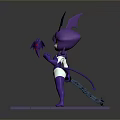 Purple Cartoon Bat Character With Yellow Eyes And Bat Shaped Object On Brick Platform
