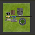 Playground Equipment Setup On Green Grass With Houses And Swimming Pool
