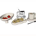 Fresh Strawberries and Round Cookies Served in Ceramic Bowls with Mugs of Hot Beverages