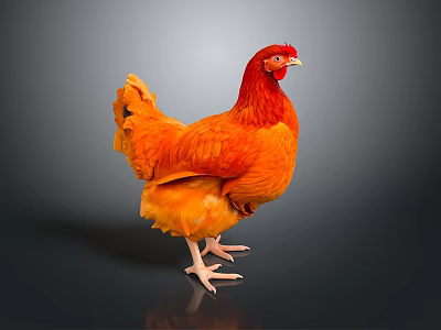 Vibrant Orange Chicken Standing With Bright Feathers On Dark Background 3d model