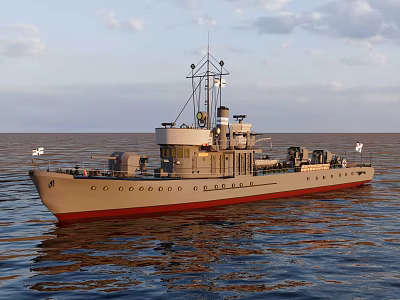 Warship Sailing On Calm Ocean Under Clear Sky With Gray Hull Red Bottom And Flags 3d model