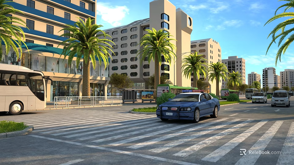 Urban Road Facilities Featuring Zebra Crossing Blue Car Palm Trees And Modern Buildings At Intersection 3d model 