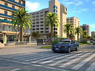 Urban Road Facilities Featuring Zebra Crossing Blue Car Palm Trees And Modern Buildings At Intersection 3d model