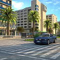 Urban Road Facilities Featuring Zebra Crossing Blue Car Palm Trees And Modern Buildings At Intersection