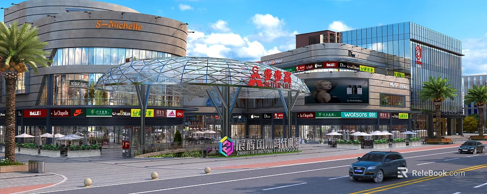 Modern Commercial Street with Glass Dome Modern Buildings Stores Outdoor Seating and Blue Sky View 3d model 