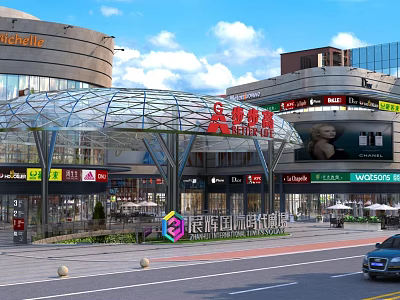 Modern Commercial Street with Glass Dome Modern Buildings Stores Outdoor Seating and Blue Sky View 3d model
