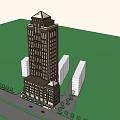 Tall Urban Building With White Surrounding Buildings And Green Background Road