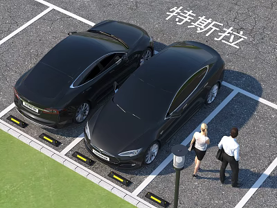 Two Black Tesla Sedans Parked in Parking Lot with Two People Walking Nearby 3d model