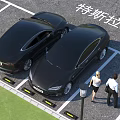 Two Black Tesla Sedans Parked in Parking Lot with Two People Walking Nearby