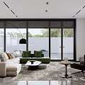 Modern Open Plan Living Dining Room With Sofa Bar Counter And Marble Flooring