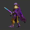 Fantasy Warrior In Ornate Gold And Purple Armor Holding Colorful Sword With Cloak