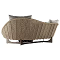 Curved Multi Person Sofa with Woven Frame Gray Cushions Green Pillows and Plaid Blanket