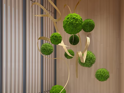 Artistic Green Spherical Hanging Decorations With Golden Ribbons For Modern Indoor Design 3d model