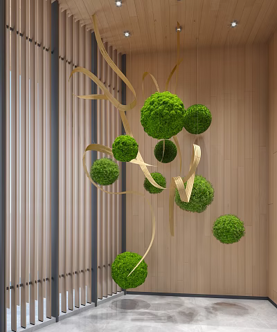 Artistic Green Spherical Hanging Decorations With Golden Ribbons For Modern Indoor Design 3d model