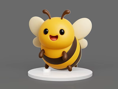 Cute Cartoon Bee With Yellow Black Stripes White Wings On White Base 3d model