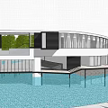 Modern Detached Villa on Water with Curved Glass Structure Surrounded by Trees and Mountain View