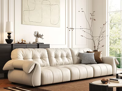 Modern White Leather Sectional Sofa In Bright Living Room With Abstract Art And Decorative Branches 3d model