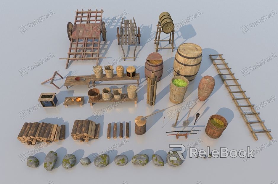 Ancient Sketches Food Tools Bottle Jar Barrel Stone Wooden Ladder Bowl Firewood Rocket Samurai Swords Rickshaw model