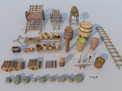 Ancient Sketches Food Tools Bottle Jar Barrel Stone Wooden Ladder Bowl Firewood Rocket Samurai Swords Rickshaw model