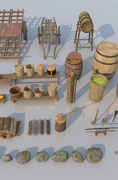 Traditional Handmade Wooden and Clay Household Items with Cart Barrels Ladder Firewood and Stones 3d model