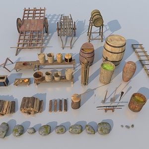 Ancient Sketches Food Tools Bottle Jar Barrel Stone Wooden Ladder Bowl Firewood Rocket Samurai Swords Rickshaw 3d model