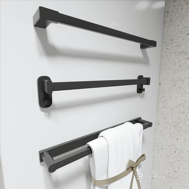 Bathroom Accessories Black Wall Mounted Towel Bars With White Towels in Modern Bathroom 3d model 