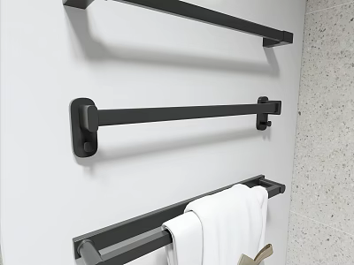 Bathroom Accessories Black Wall Mounted Towel Bars With White Towels in Modern Bathroom 3d model