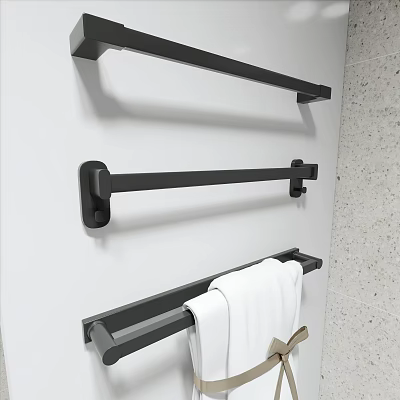 Bathroom Accessories Black Wall Mounted Towel Bars With White Towels in Modern Bathroom 3d model