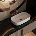 Modern Luxurious Bathroom Vanity With Round Copper Frame Mirror And Marble Countertop