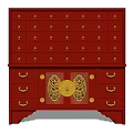Traditional Chinese Red Storage Cabinet With Gold Circular Clasps Multiple Drawers And Doors