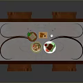 Wooden Dining Table With Four Carved Decorative Chairs And White Tabletop With Food Plates
