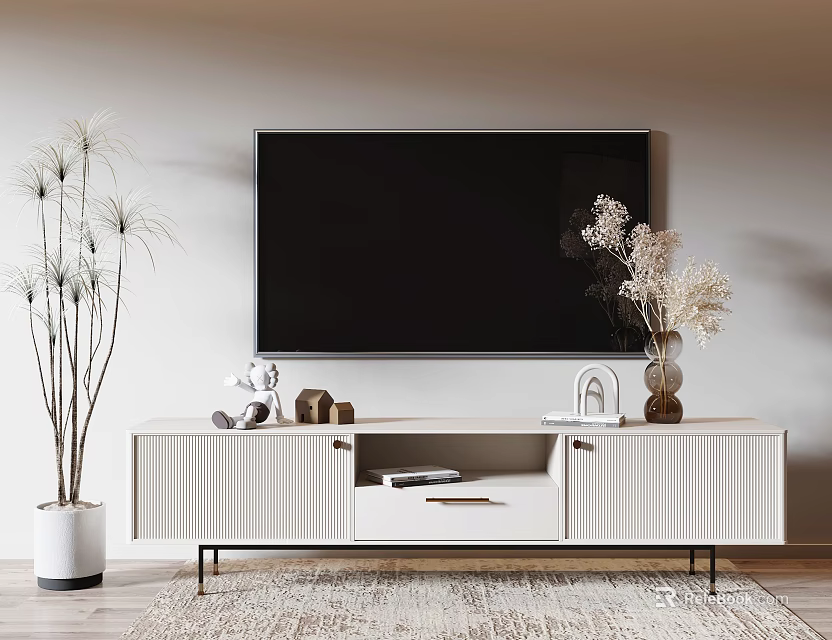 Modern White TV Stand with Drawers Cabinets Large TV Green Plant Dried Flowers and Rug 3d model 