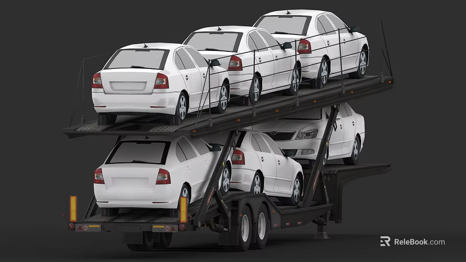 Double Decker Car Transporter Loaded With Multiple White Cars On Trailer 3d model 
