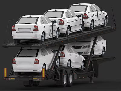 Double Decker Car Transporter Loaded With Multiple White Cars On Trailer 3d model