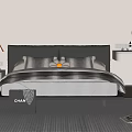 Black Headboard Double Bed With Gray White Bedding Nightstand Striped Rug Dresser Pendant Lights