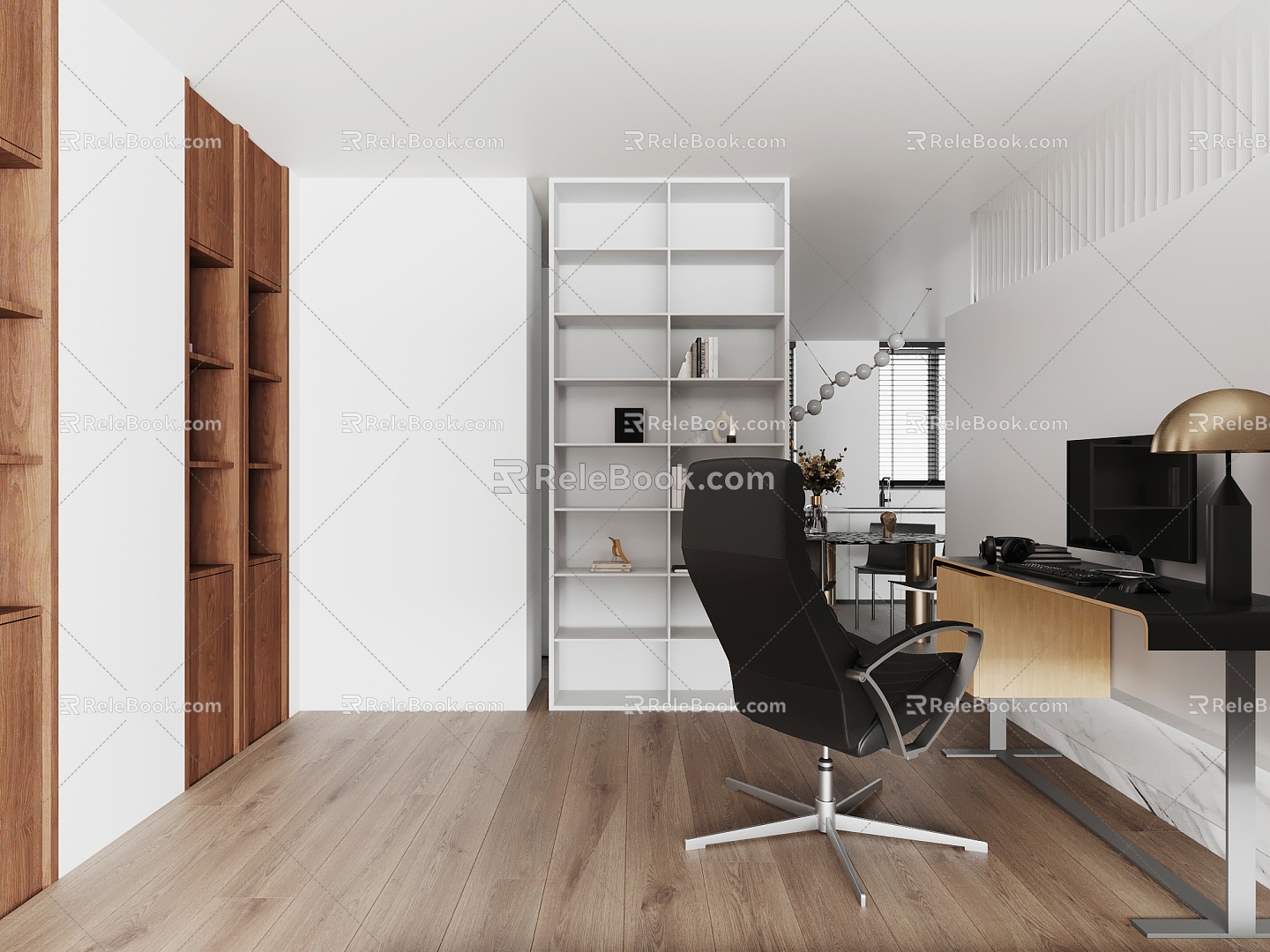 Study bookcase desk and chair 3d model