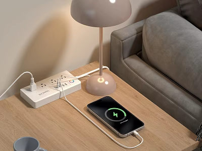 Decorative Ornament Set With Wooden Side Table Lamp Power Strip Charging Smartphone And Gray Mug 3d model