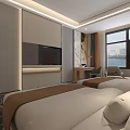 Hotel Guest Room With Twin Beds Artwork Paneled Walls And Patterned Carpet