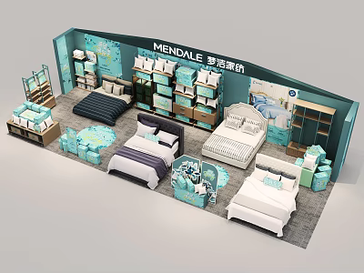 Mendale Home Textiles Store Interior With Beds Bedding Pillows Quilts And Cabinets 3d model