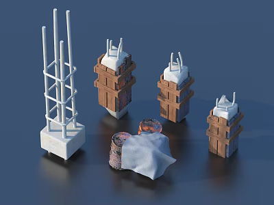 3D Model Display Of Scaffolding Structure Brick Towers And Rolled Fabric 3d model